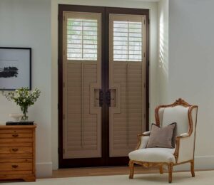 french door shutters in medium brown color for master bedroom