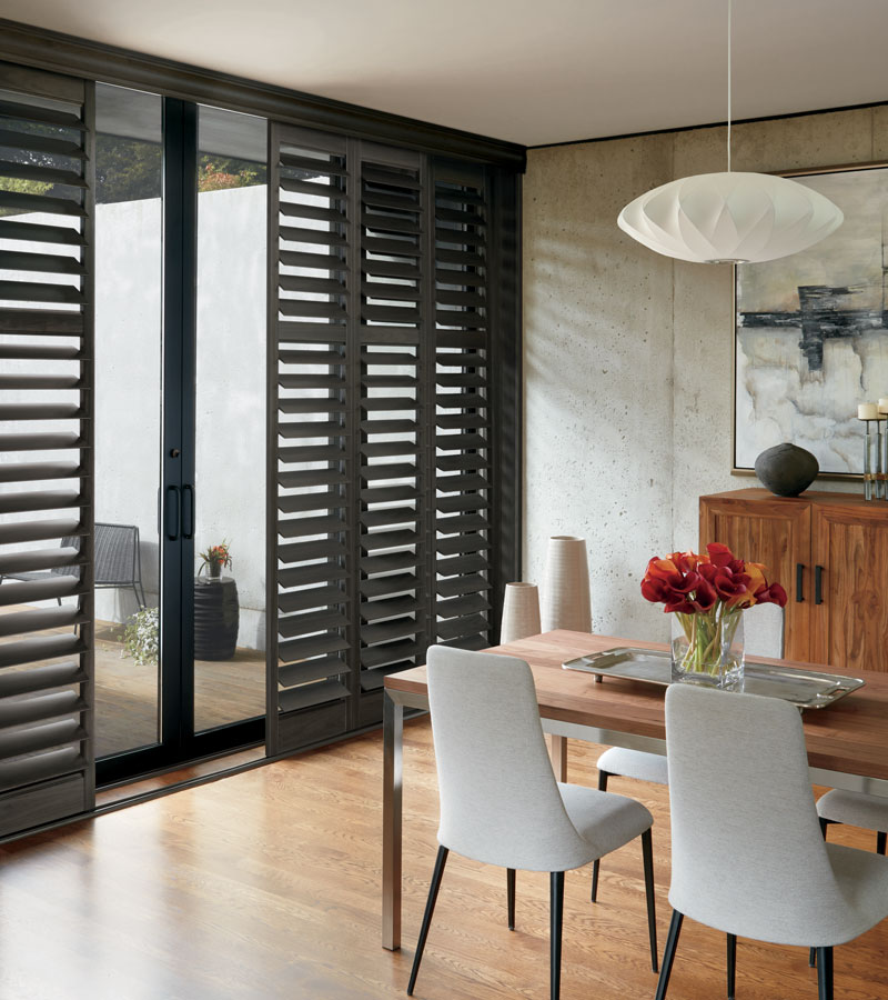 window treatments for sliding glass doors dark wood shutters