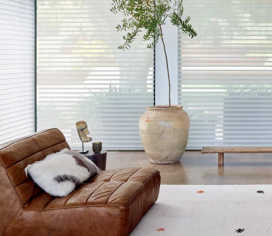 floor to ceiling shades next to leather lounger and large potted tree