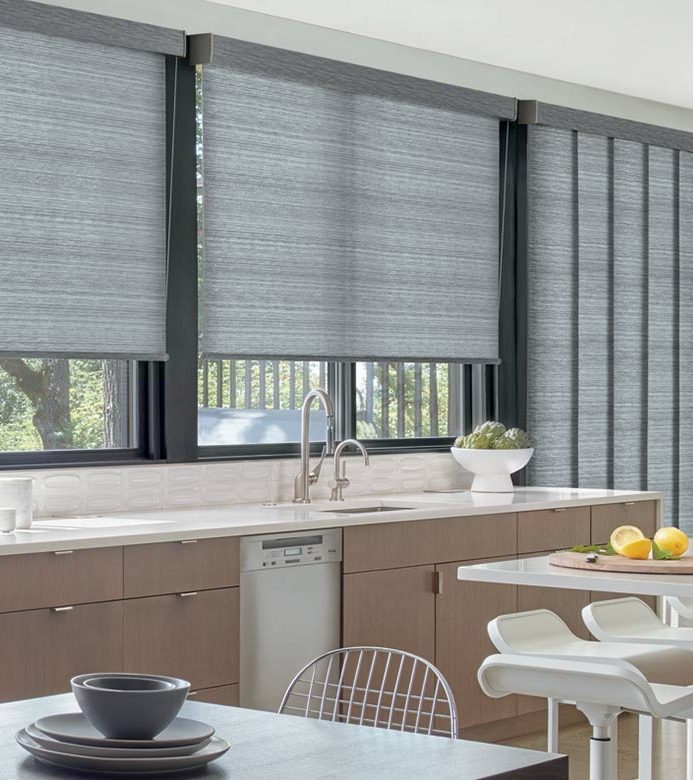 skyline gliding window panels with roller shades in Omaha home