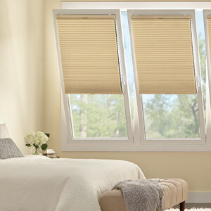 beige bedroom with beige window treatments on windows