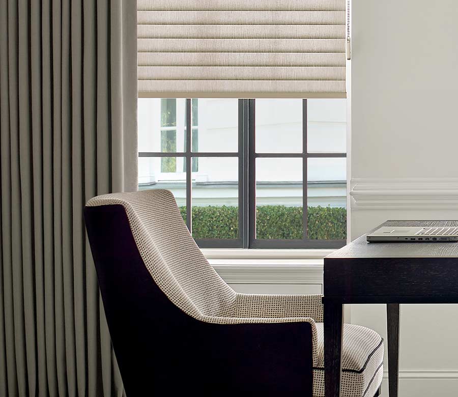 hunter douglas shades in home office chair and desk with drapery and window treatments