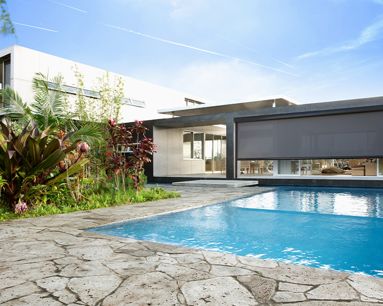 outdoor screens on a pool house patio in Omaha