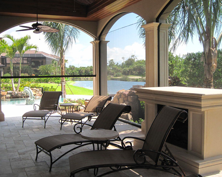 exterior screen shades on arches of patio