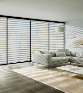 open concept living room with dual opacity shades
