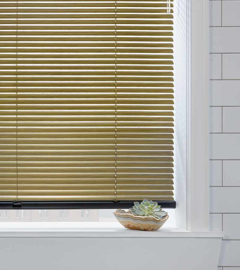 olive colored automated decor metal blinds in white modern bathroom