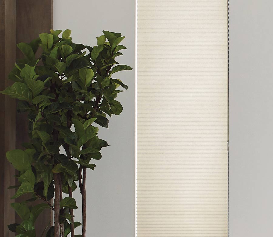 duette-honeycomb-cellular-shades-next-to-fiddle-leaf-plant-hunter-douglas-integrated-windows