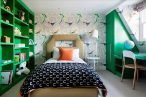 built in desk and bookshelves to encourage kids to work in their rooms