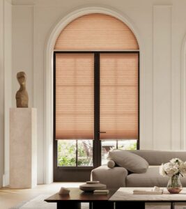 Hunter Douglas window shades french doors framed in black with arched window on top