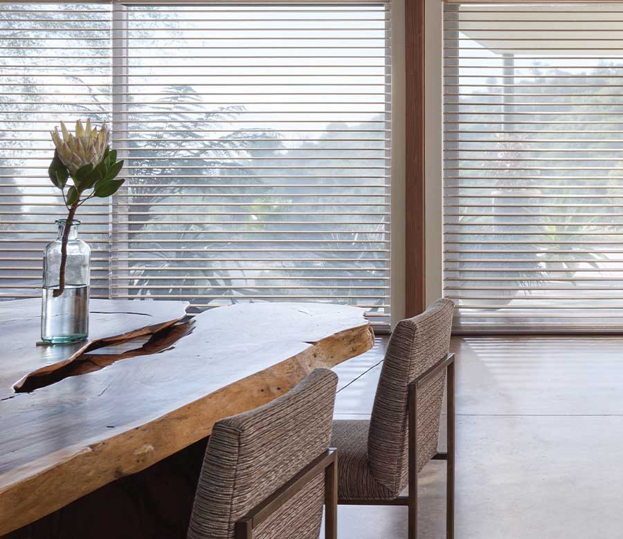 fabric window blinds in large open concept dining and bar space