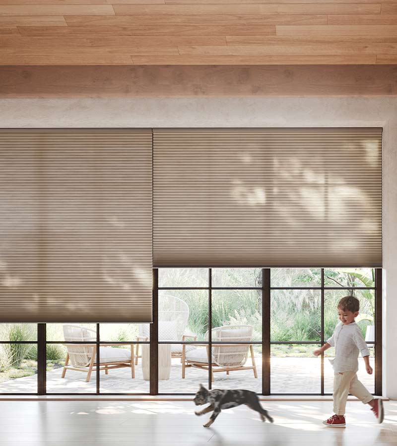 child and small dog running in front of safe window treatments for kids and pets