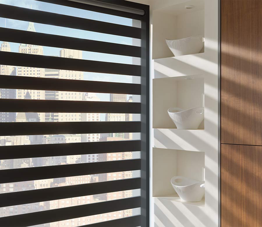 Black zebra roller shades that rotate fabric layered shades for room darkening